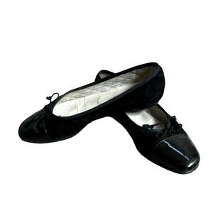 French Sole black suede flats with patent cap toe. resoled by shoemaker. S 6 1/2